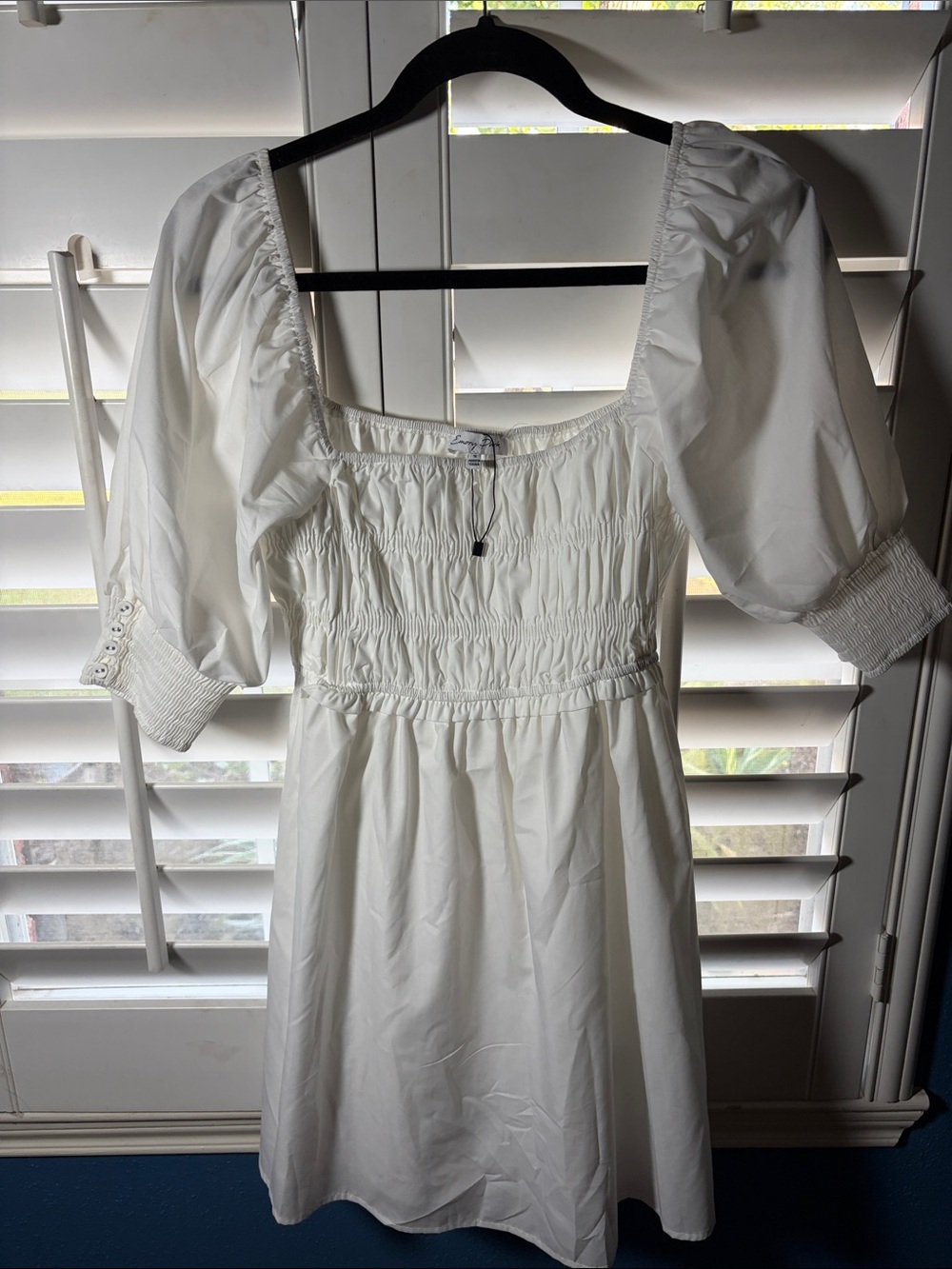 emory park White Puff-Sleeve Smocked Mini Dress